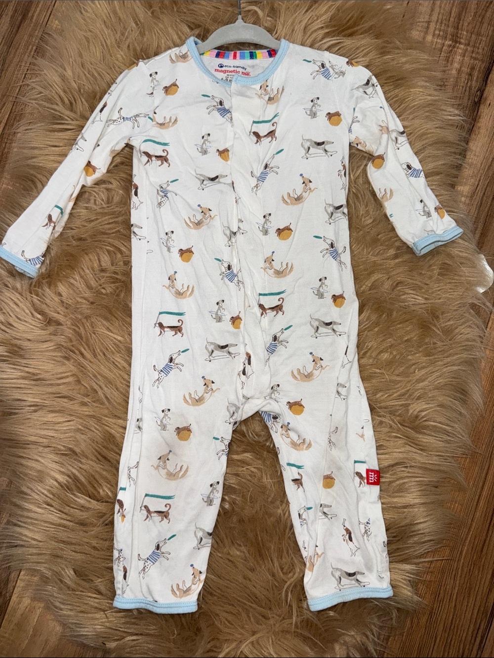 Magnetic Me White One-Piece with Blue Trim and Dog Print